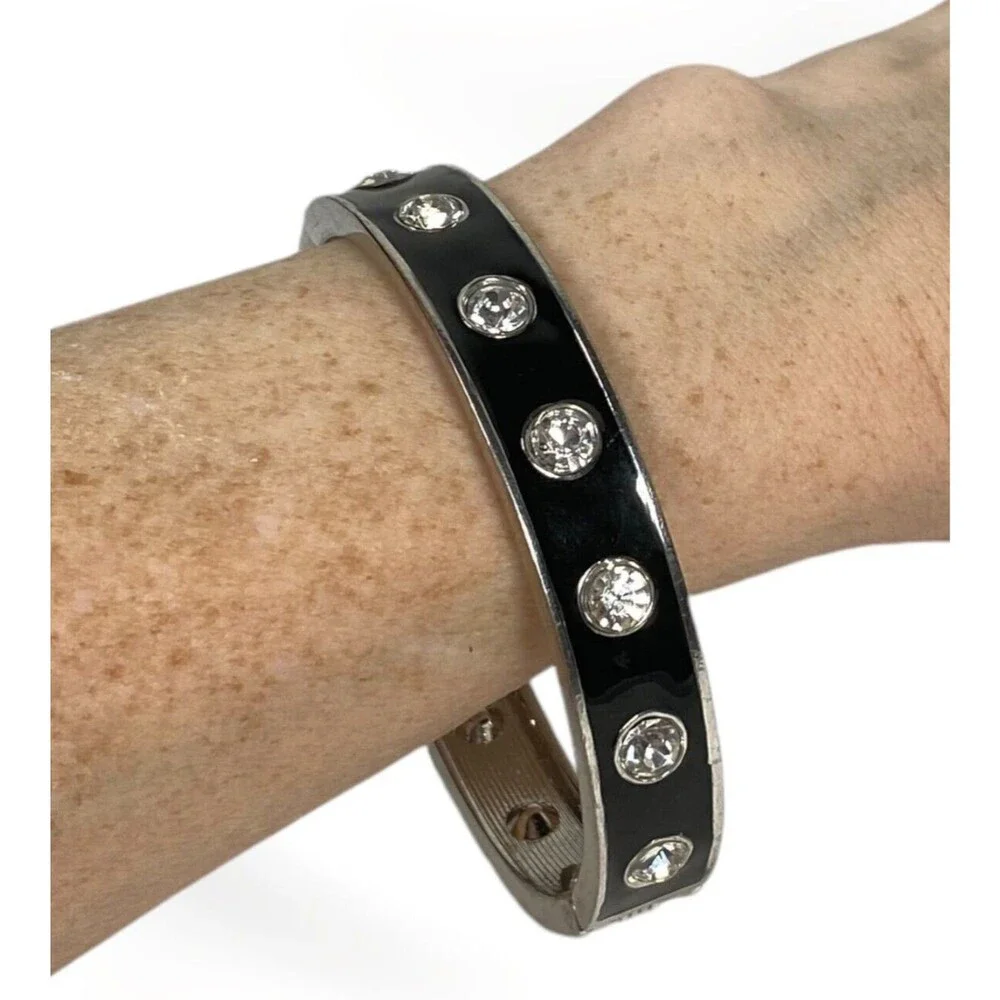 VTG Enamel Rhinestone Studded Bracelet Black Silver Tone Hinged Bangle Clamper